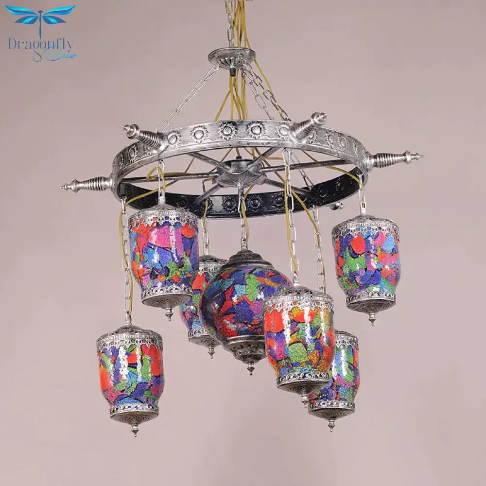 7 Bulbs Purple Glass Chandelier Pendant Art Deco Bronze Gyroscope Restaurant Hanging Lamp With
