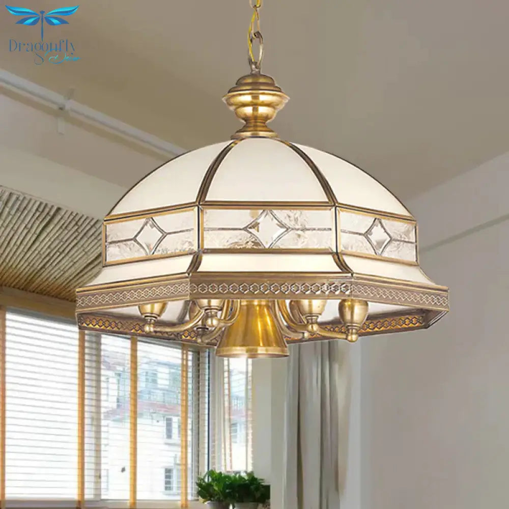 7 Bulbs Sandblasted Glass Chandelier Colonial Gold Dome Living Room Pendant Lighting Fixture