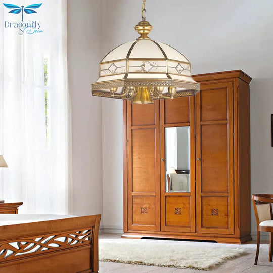 7 Bulbs Sandblasted Glass Chandelier Colonial Gold Dome Living Room Pendant Lighting Fixture