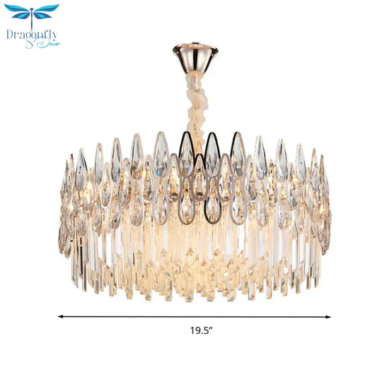 7 Heads Drum Chandelier Pendant Light Simple Clear Teardrop Crystal Hanging Ceiling