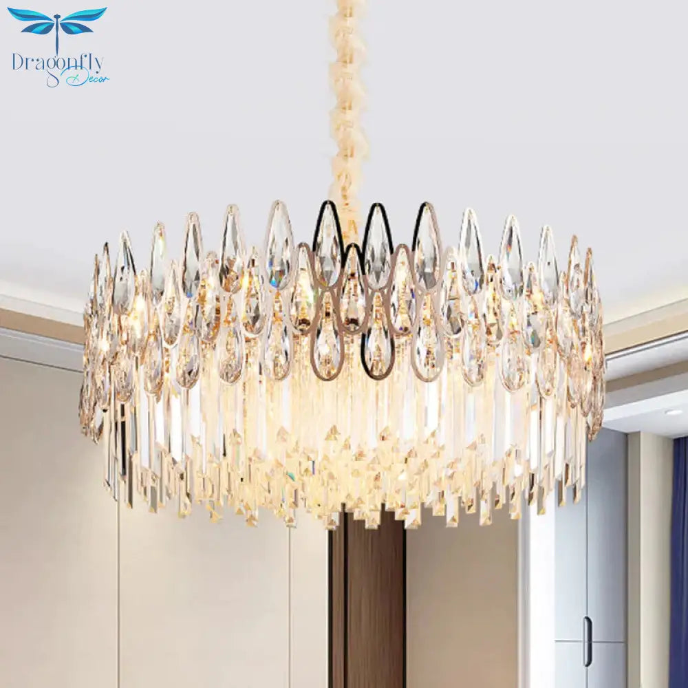 7 Heads Drum Chandelier Pendant Light Simple Clear Teardrop Crystal Hanging Ceiling