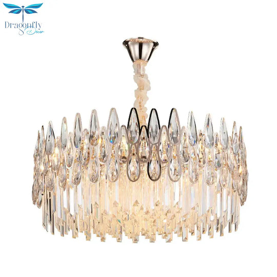 7 Heads Drum Chandelier Pendant Light Simple Clear Teardrop Crystal Hanging Ceiling