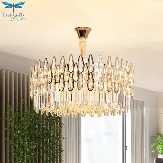 7 Heads Drum Chandelier Pendant Light Simple Clear Teardrop Crystal Hanging Ceiling