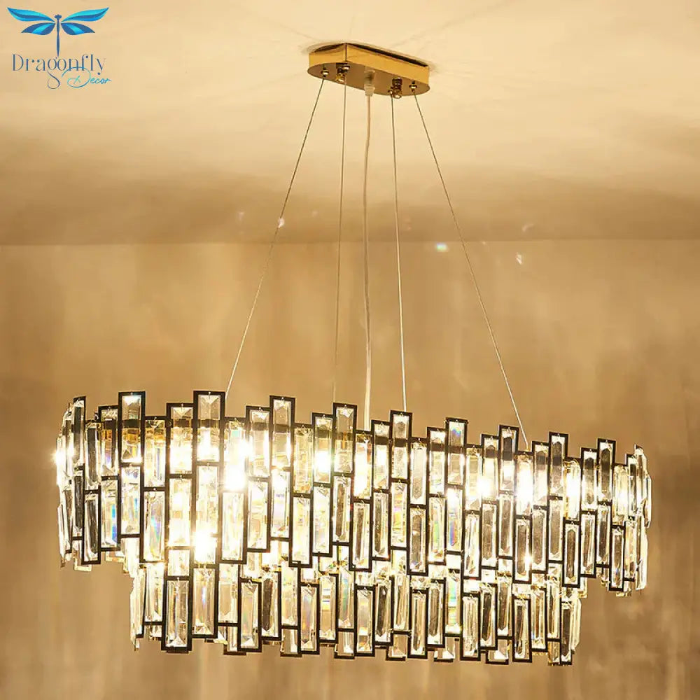 7 Heads Rectangle - Cut Crystal Ceiling Lamp Postmodern Gold Oval Dining Room Chandelier Pendant