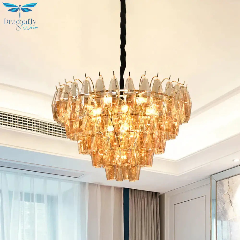 7 Lights Chandelier Traditional Living Room Pendant Lamp With Conical Amber Glass Shade