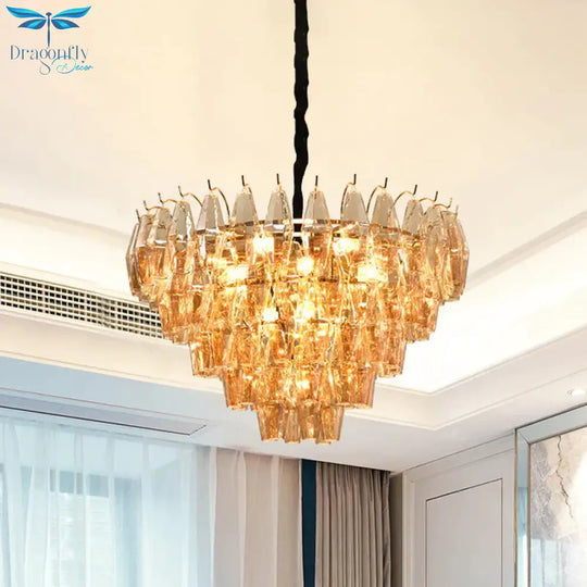 7 Lights Chandelier Traditional Living Room Pendant Lamp With Conical Amber Glass Shade
