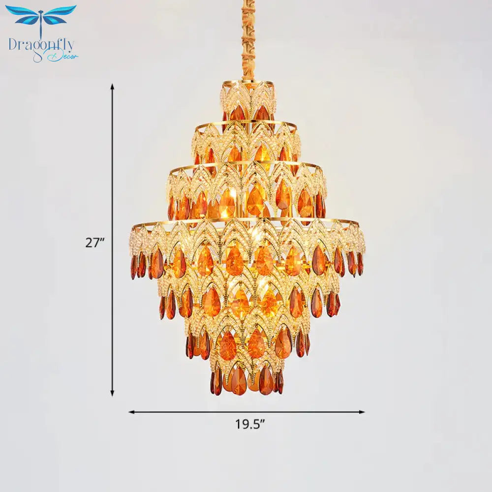 7 - Tier Tapered Dining Room Hanging Light Retro Tan Crystal 8 Heads Gold Chandelier Pendant