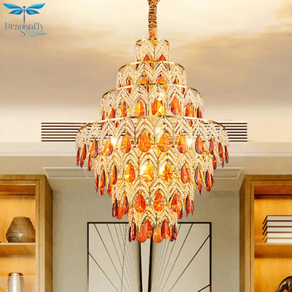 7 - Tier Tapered Dining Room Hanging Light Retro Tan Crystal 8 Heads Gold Chandelier Pendant
