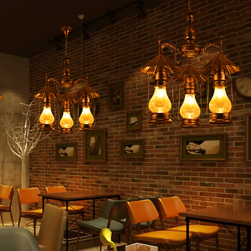 Mara - Bronze 3 Heads Pendant Chandelier Warehouse Yellow Crackle/White Glass Kerosene Hanging