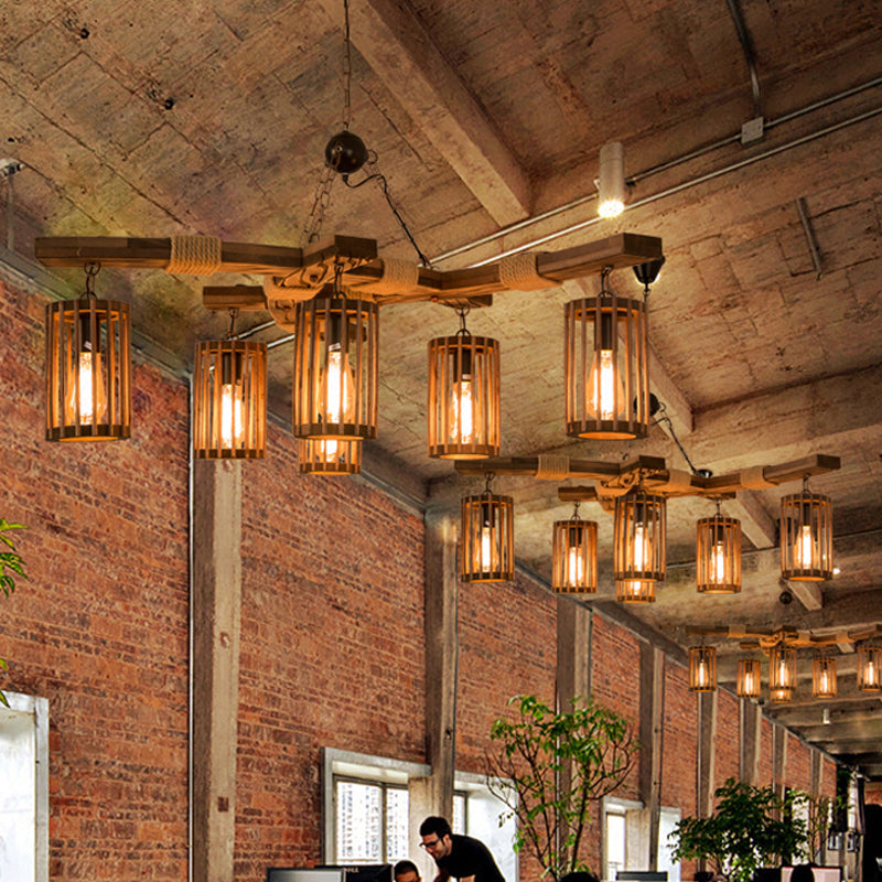 Tseen Kee - Vintage Wood Brown Chandelier Cylinder Pendant Light (3/6 - Light) 6 /