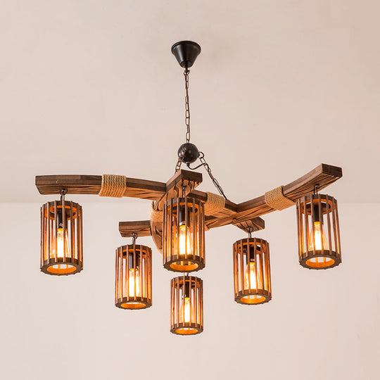 Tseen Kee - Vintage Wood Brown Chandelier Cylinder Pendant Light (3/6 - Light)