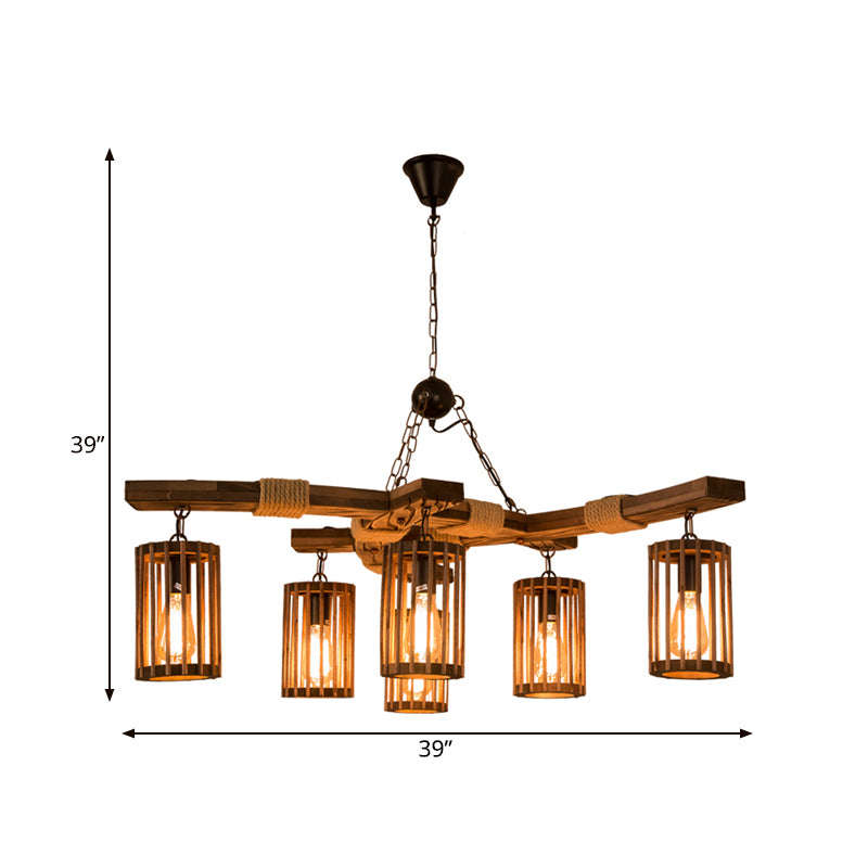 Tseen Kee - Vintage Wood Brown Chandelier Cylinder Pendant Light (3/6 - Light)
