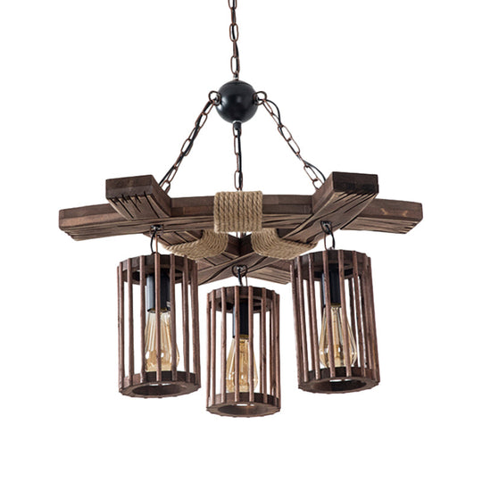 Tseen Kee - Vintage Wood Brown Chandelier Cylinder Pendant Light (3/6 - Light)