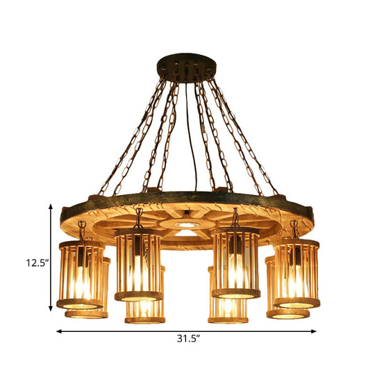 Franã§Oise - Retro Cylinder Chandelier Light Fixture 8 - Bulb Wood Ceiling Pendant With Wheel For