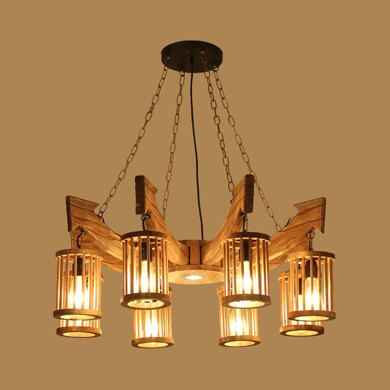 Nashira - Brown 6/8 - Head Cylinder Chandelier Lighting Fixture Industrial Wood Hanging Ceiling