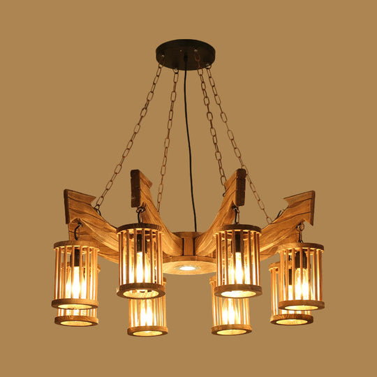 Nashira - Brown 6/8 - Head Cylinder Chandelier Lighting Fixture Industrial Wood Hanging Ceiling