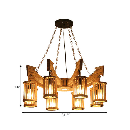 Nashira - Brown 6/8 - Head Cylinder Chandelier Lighting Fixture Industrial Wood Hanging Ceiling