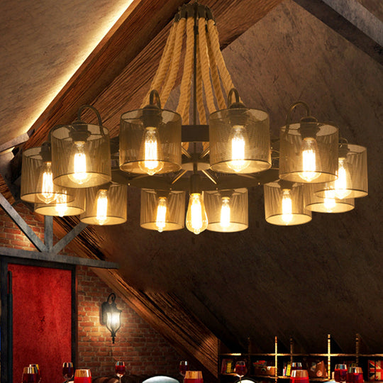 Marta - 9/13 - Light Metal Black Chandelier: Farmhouse Rope Pendant Fixture