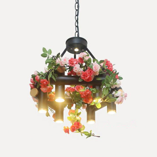 Aldib - Vintage 6 - Light Chandelier Lamp Tubular Iron Down Lighting Pendant In Black With