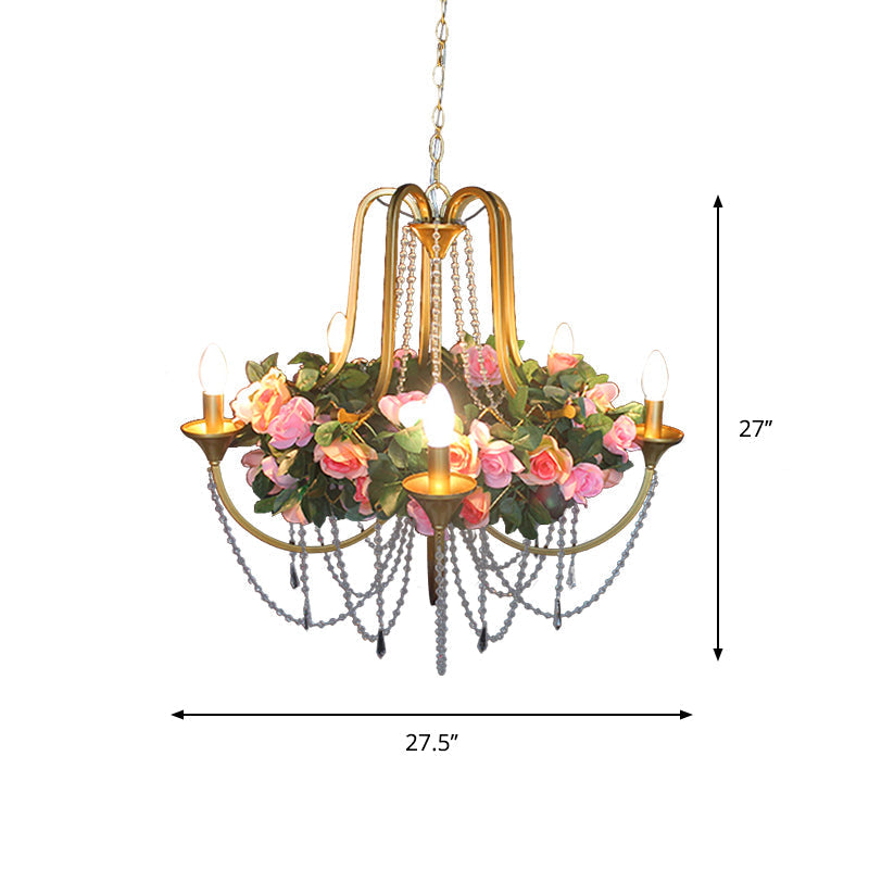 Rose - Antique 5 Heads Iron Chandelier Lighting Gold Candlestick Restaurant Flower Ceiling Lamp