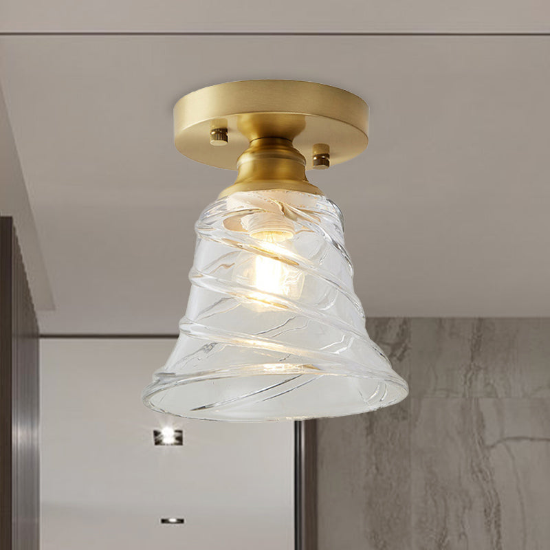 Industrial - Style Cone Glass Ceiling Light - Single Bulb Semi Flush Mount Fixture In Brass With