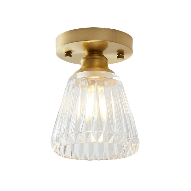 Industrial - Style Cone Glass Ceiling Light - Single Bulb Semi Flush Mount Fixture In Brass With