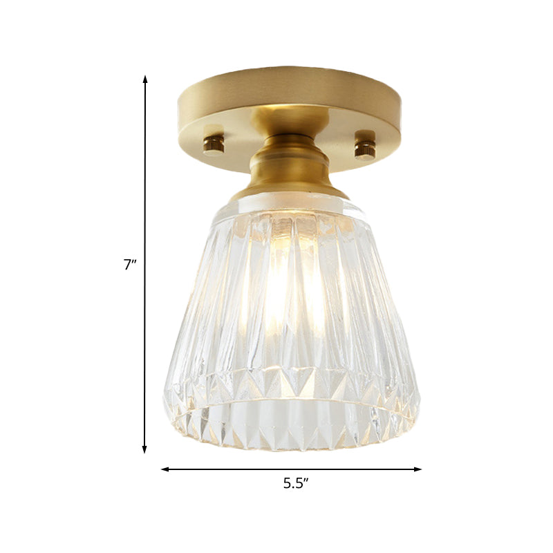 Industrial - Style Cone Glass Ceiling Light - Single Bulb Semi Flush Mount Fixture In Brass With