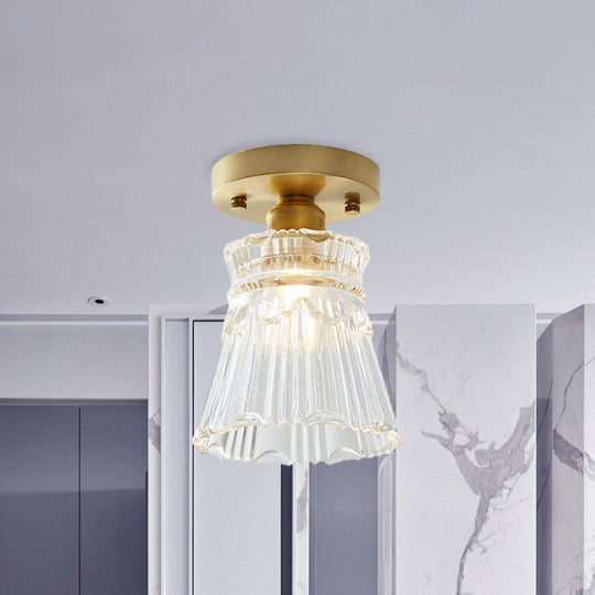 Industrial - Style Cone Glass Ceiling Light - Single Bulb Semi Flush Mount Fixture In Brass With