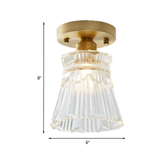 Industrial - Style Cone Glass Ceiling Light - Single Bulb Semi Flush Mount Fixture In Brass With