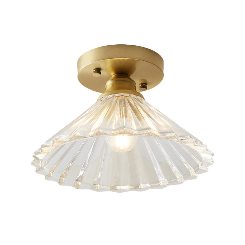 Industrial - Style Cone Glass Ceiling Light - Single Bulb Semi Flush Mount Fixture In Brass With