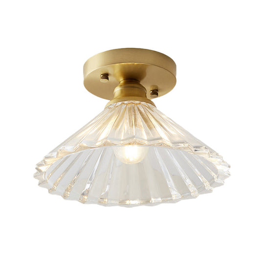 Industrial - Style Cone Glass Ceiling Light - Single Bulb Semi Flush Mount Fixture In Brass With