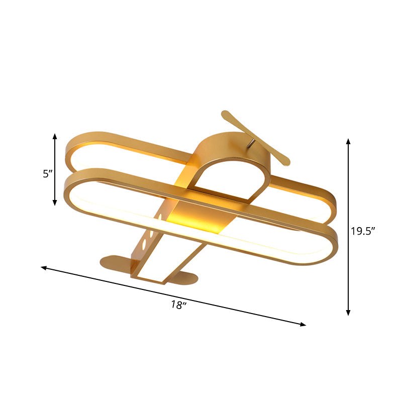 Fly High With The Helicopter: Gold Aluminum Led Flush Mount Light For Kids’ Bedroom Ceiling