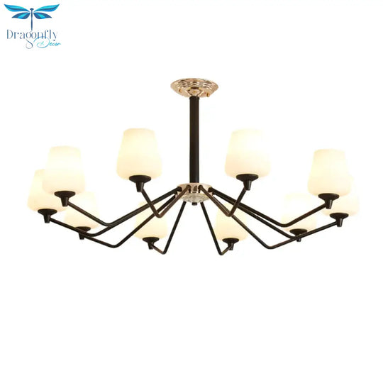 8/10 Lights Sputnik Chandelier Traditional Black Milky Glass Pendant Light Fixture With Cup Shade