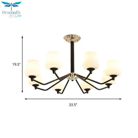 8/10 Lights Sputnik Chandelier Traditional Black Milky Glass Pendant Light Fixture With Cup Shade
