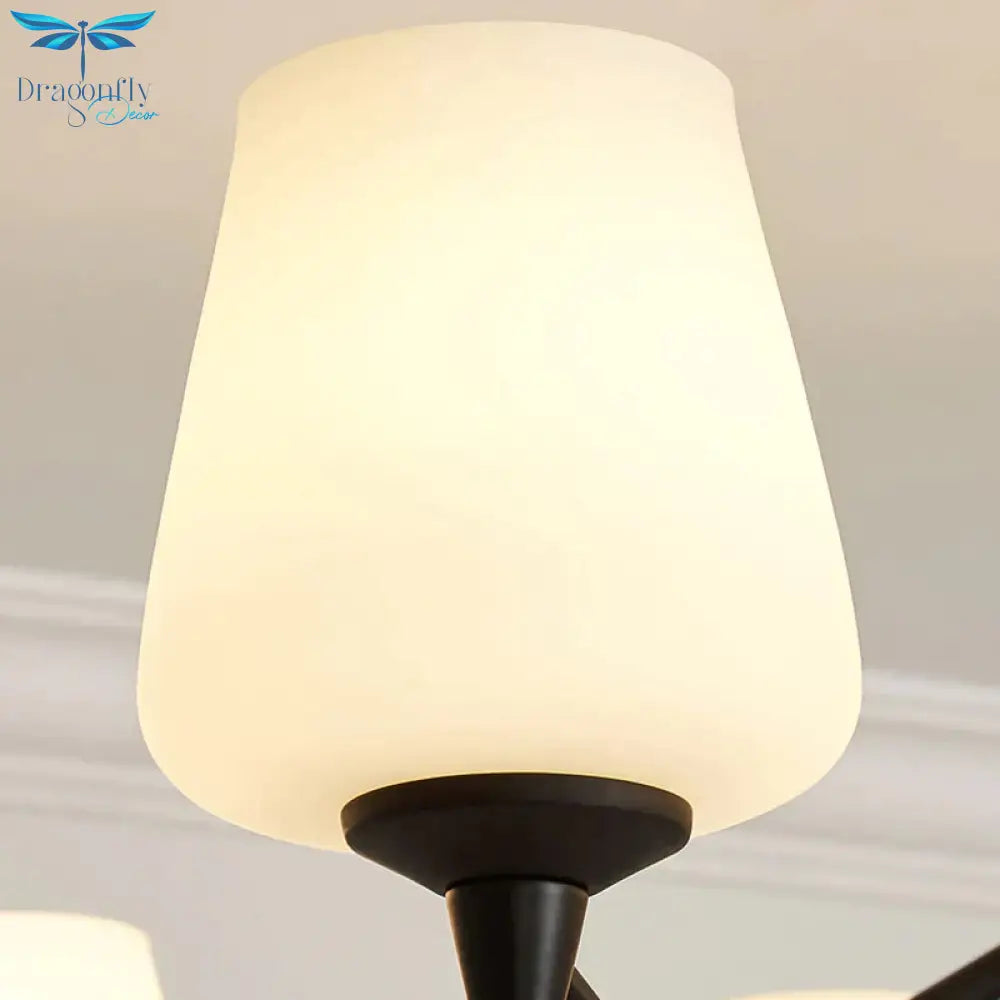 8/10 Lights Sputnik Chandelier Traditional Black Milky Glass Pendant Light Fixture With Cup Shade