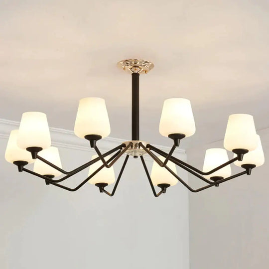 8/10 Lights Sputnik Chandelier Traditional Black Milky Glass Pendant Light Fixture With Cup Shade