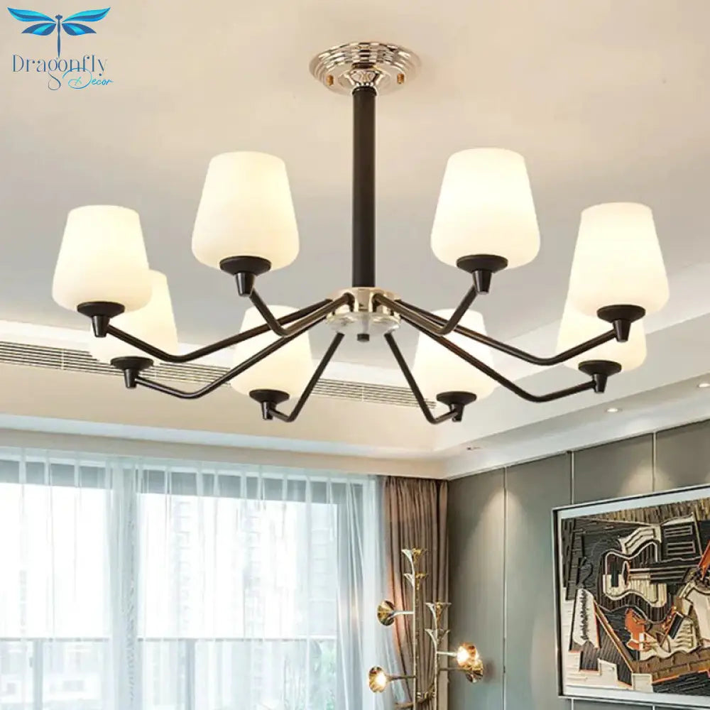 8/10 Lights Sputnik Chandelier Traditional Black Milky Glass Pendant Light Fixture With Cup Shade