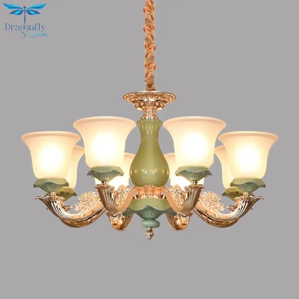 8/12 Lights Flared Shade Suspension Pendant Traditional Style Green Opal Glass Chandelier Lighting