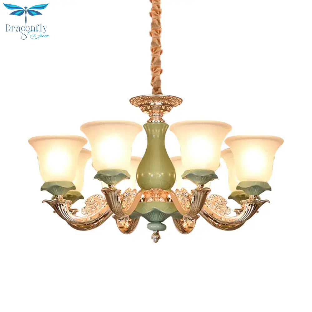 8/12 Lights Flared Shade Suspension Pendant Traditional Style Green Opal Glass Chandelier Lighting