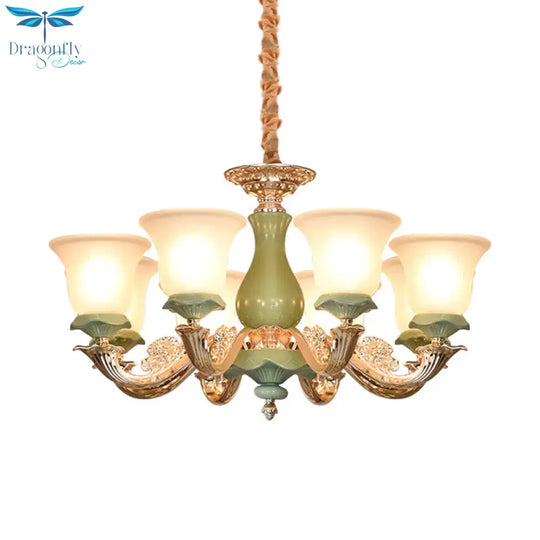 8/12 Lights Flared Shade Suspension Pendant Traditional Style Green Opal Glass Chandelier Lighting