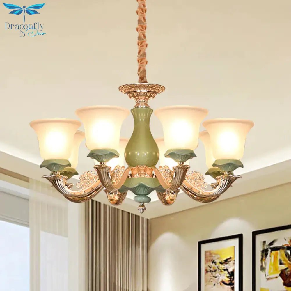 8/12 Lights Flared Shade Suspension Pendant Traditional Style Green Opal Glass Chandelier Lighting