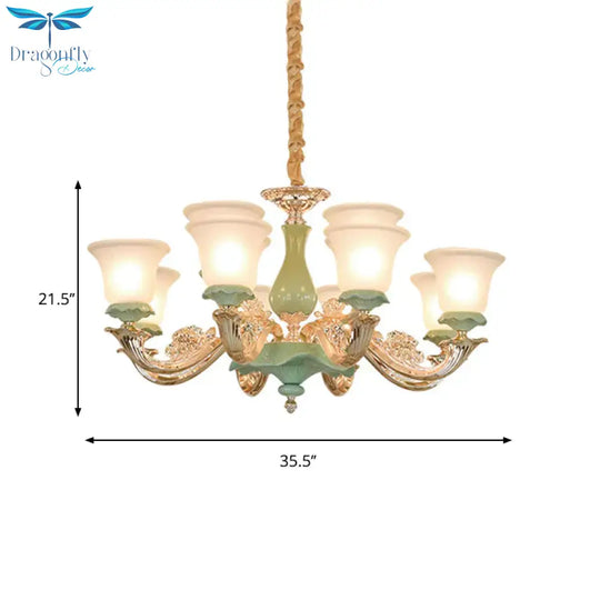 8/12 Lights Flared Shade Suspension Pendant Traditional Style Green Opal Glass Chandelier Lighting
