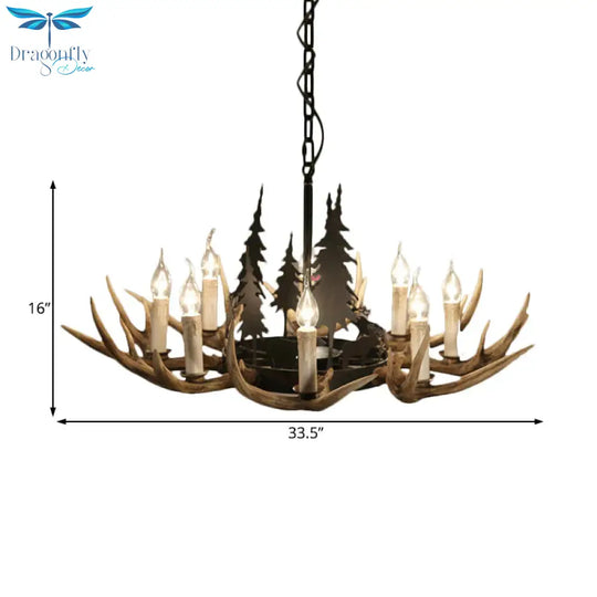 8 - Bulb Resin Chandelier Lighting Rustic Light Brown Deer Antler Indoor Suspension With Pine Tree