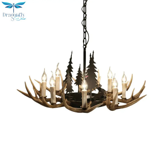 8 - Bulb Resin Chandelier Lighting Rustic Light Brown Deer Antler Indoor Suspension With Pine Tree