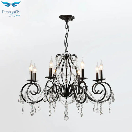8 - Bulb Scrolled Arm Chandelier Black Metal Ceiling Pendant Light With Crystal Draping