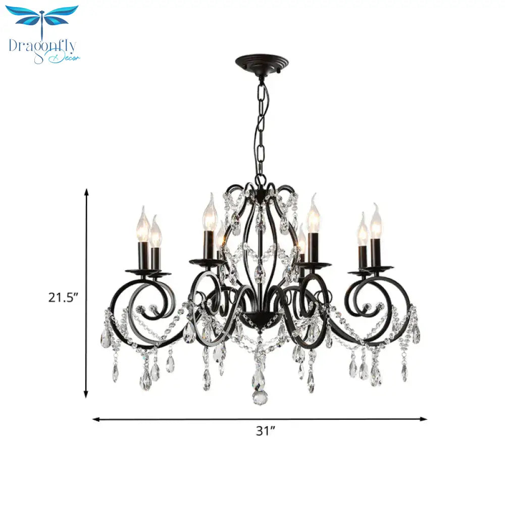 8 - Bulb Scrolled Arm Chandelier Black Metal Ceiling Pendant Light With Crystal Draping