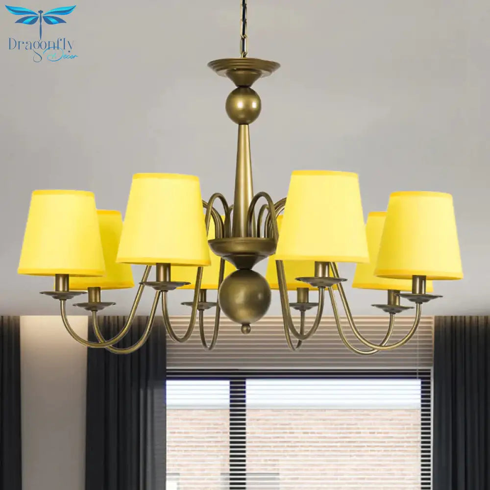 8 - Bulb Tapered Chandelier Light Fixture Country Coffee/Yellow/Dark Green Fabric Down Lighting