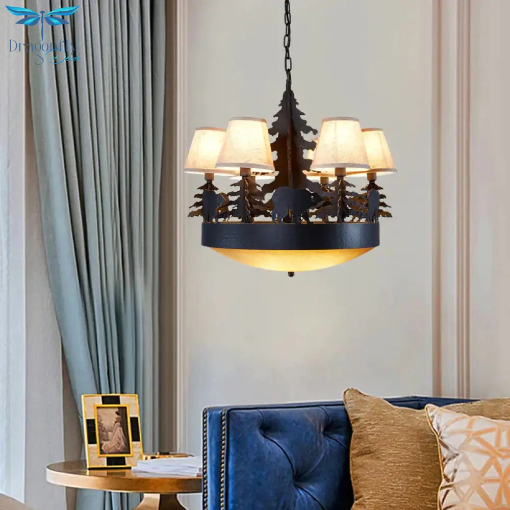 8 Bulbs Bowl Chandelier Light Country Black Opal Glass Hanging Ceiling Fixture With Cone Fabric