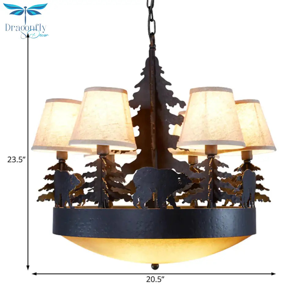 8 Bulbs Bowl Chandelier Light Country Black Opal Glass Hanging Ceiling Fixture With Cone Fabric