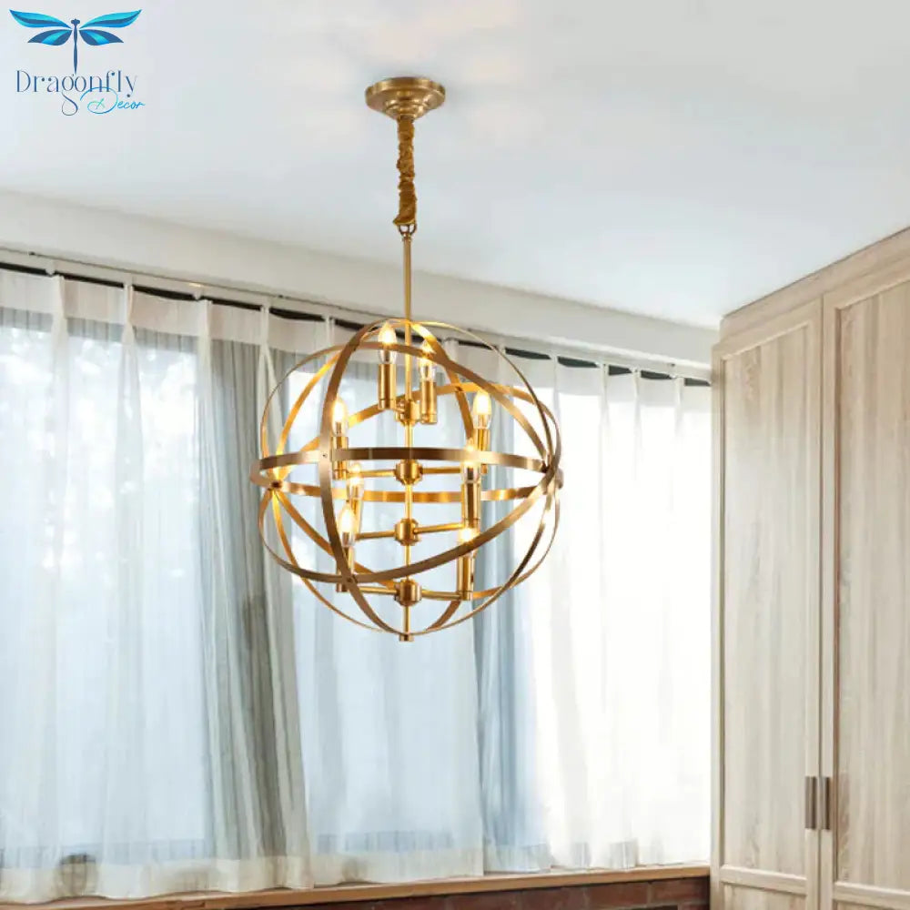 8 Bulbs Chandelier Lamp Traditional Candelabra Metallic Hanging Ceiling Light In Gold With Globe